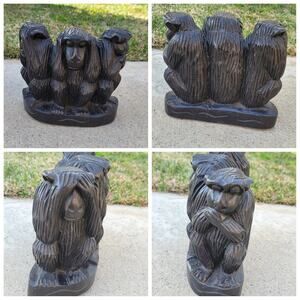 African Hand-Carved Wooden 3 Wise Monkeys Art Statue: Hear, See, Speak No Evil